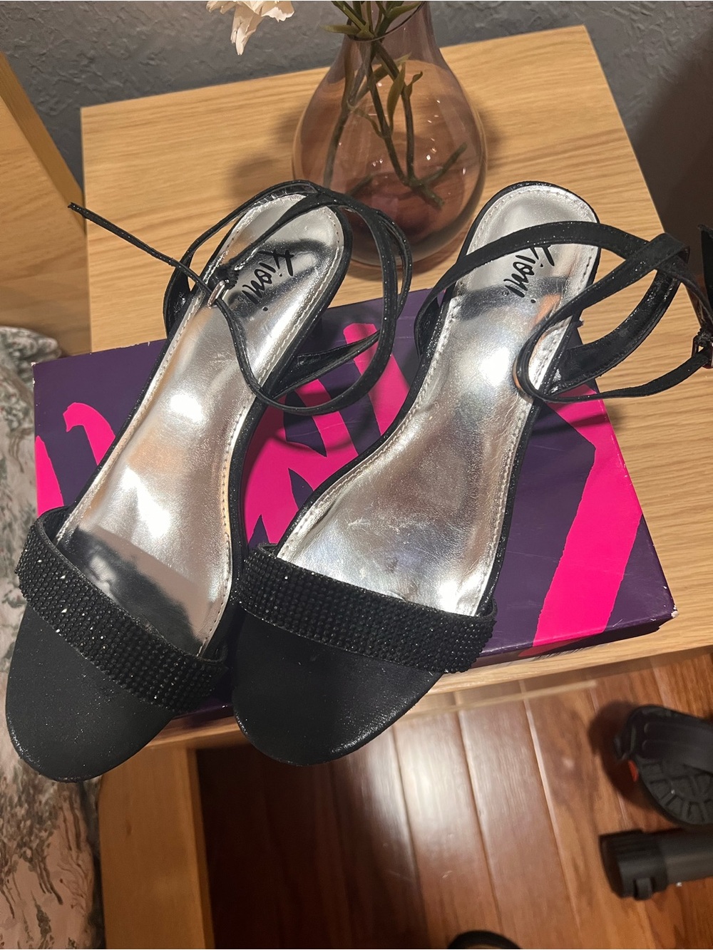 FIONI Clothing Black Crystal-Strap Open-Toe Ankle Tie Heels